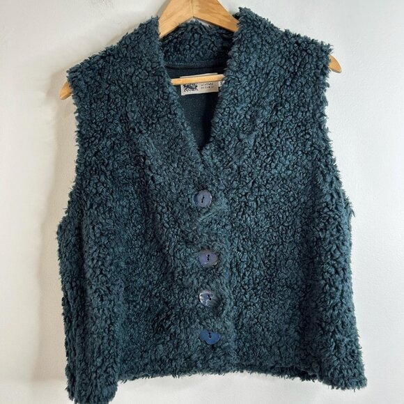 Habitat Vest Womens M/L Dark Teal Boucle Sherpa Button Front Made in USA Boho - Picture 1 of 9